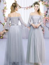 Edgy 3 4 Length Sleeve Lace Up Floor Length Lace and Belt Damas Dress