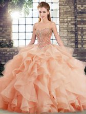 Edgy Lace Up 15th Birthday Dress Peach for Military Ball and Sweet 16 and Quinceanera with Beading and Ruffles Brush Train