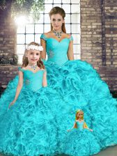 Super Floor Length Aqua Blue Quinceanera Gowns Organza Sleeveless Beading and Ruffles