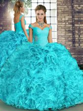 Elegant Aqua Blue Organza Lace Up Off The Shoulder Sleeveless Floor Length Sweet 16 Dress Beading and Ruffles