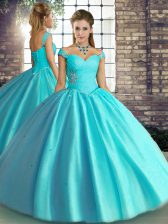 Unique Floor Length Aqua Blue Vestidos de Quinceanera Off The Shoulder Sleeveless Lace Up