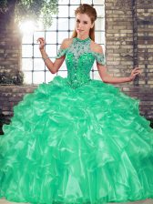 Perfect Organza Halter Top Sleeveless Lace Up Beading and Ruffles Sweet 16 Dresses in Turquoise