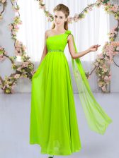 Glamorous Floor Length Yellow Green Dama Dress Chiffon Sleeveless Beading and Hand Made Flower
