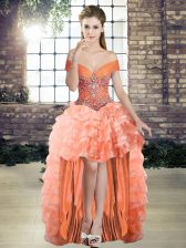Fancy Off The Shoulder Sleeveless Lace Up Prom Dress Orange Organza