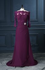 Glittering Purple Column/Sheath Chiffon Scalloped Sleeveless Beading and Lace Zipper Prom Dress Brush Train