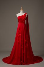 Comfortable Sleeveless Prom Dresses Watteau Train and Hand Made Flower