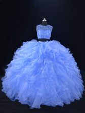 Hot Sale Blue Two Pieces Scoop Sleeveless Organza Floor Length Zipper Beading and Ruffles 15 Quinceanera Dress