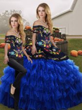  Sleeveless Floor Length Embroidery and Ruffled Layers Lace Up Quince Ball Gowns with Blue And Black 