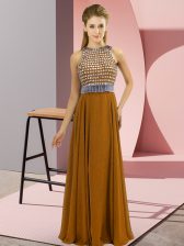  Brown Empire Beading Prom Party Dress Side Zipper Chiffon Sleeveless Floor Length