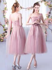  Tea Length Pink Damas Dress Tulle Sleeveless Appliques and Belt
