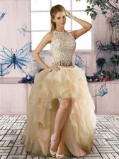 Sumptuous Champagne Clasp Handle Scoop Beading and Ruffles Prom Gown Tulle Sleeveless