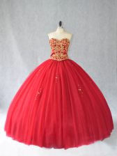  Red Tulle Lace Up Sweetheart Sleeveless Quince Ball Gowns Brush Train Beading