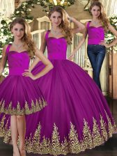  Embroidery 15th Birthday Dress Fuchsia Lace Up Sleeveless Floor Length