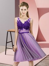 On Sale Lavender Tulle Lace Up V-neck Sleeveless Knee Length Court Dresses for Sweet 16 Appliques