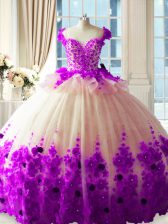 Clearance White And Purple Tulle Zipper Scoop Sleeveless Quinceanera Gown Brush Train Hand Made Flower