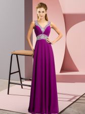 Colorful V-neck Sleeveless Evening Dress Floor Length Beading Purple Chiffon