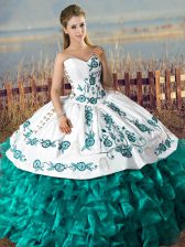 Fabulous Sweetheart Sleeveless Sweet 16 Dress Floor Length Embroidery and Ruffles Turquoise Satin and Organza