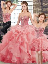  Tulle Sweetheart Sleeveless Brush Train Lace Up Beading and Ruffles Sweet 16 Dress in Watermelon Red