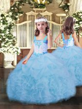 Blue Straps Neckline Beading and Ruffles and Pick Ups Pageant Dress for Teens Sleeveless Lace Up