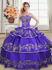 Discount Sweetheart Sleeveless Satin and Organza Ball Gown Prom Dress Embroidery and Ruffled Layers Lace Up