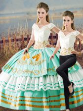 Hot Sale Apple Green Ball Gowns Satin and Organza V-neck Sleeveless Embroidery and Ruffled Layers Floor Length Lace Up Sweet 16 Dresses