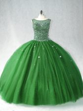 Delicate Dark Green Sleeveless Brush Train Beading Quinceanera Gowns