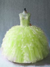  Yellow Green Organza Lace Up Quinceanera Dress Sleeveless Floor Length Beading and Ruffles
