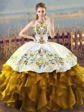  Floor Length Brown Quinceanera Dresses Organza Sleeveless Embroidery and Ruffles