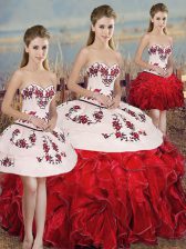 Lovely White And Red Ball Gowns Sweetheart Sleeveless Organza Floor Length Lace Up Embroidery and Ruffles and Bowknot Sweet 16 Quinceanera Dress