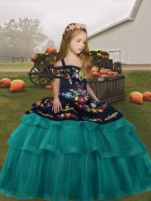 Adorable Teal Kids Formal Wear Party and Wedding Party with Embroidery and Ruffled Layers Spaghetti Straps Sleeveless Lace Up