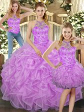 Most Popular Lilac Halter Top Lace Up Beading and Ruffles Sweet 16 Dresses Sleeveless