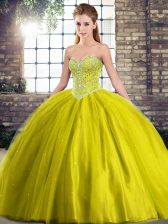  Lace Up Quinceanera Dress Olive Green for Military Ball and Sweet 16 and Quinceanera with Beading Brush Train
