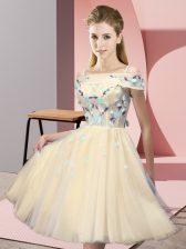 Stylish Gold Empire Tulle Off The Shoulder Short Sleeves Appliques Knee Length Lace Up Dama Dress