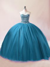 Teal Sleeveless Beading Floor Length Quinceanera Dresses