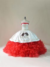  White And Red Quinceanera Dress Sweet 16 and Quinceanera with Embroidery and Ruffles Strapless Sleeveless Brush Train Lace Up