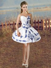 Simple Mini Length White Prom Gown Satin Sleeveless Embroidery