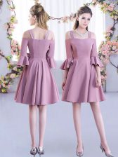 Cute Pink A-line Ruching Court Dresses for Sweet 16 Zipper Chiffon Half Sleeves Mini Length