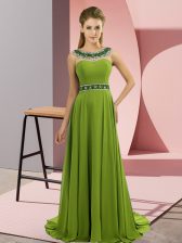 Flirting Olive Green Zipper Scoop Beading Prom Dresses Chiffon Sleeveless Brush Train
