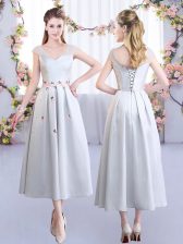  Satin V-neck Cap Sleeves Lace Up Appliques Dama Dress in Silver