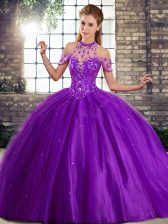 Nice Purple Tulle Lace Up Halter Top Sleeveless Ball Gown Prom Dress Brush Train Beading