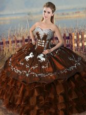 Colorful Brown Satin and Organza Lace Up Sweetheart Sleeveless Floor Length Sweet 16 Quinceanera Dress Embroidery and Ruffles
