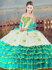  Sweetheart Sleeveless Quince Ball Gowns Floor Length Beading and Ruffled Layers Aqua Blue Organza