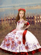  White Ball Gowns Satin Off The Shoulder Sleeveless Embroidery Floor Length Lace Up Little Girls Pageant Gowns