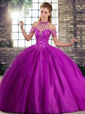  Purple 15th Birthday Dress Halter Top Sleeveless Brush Train Lace Up