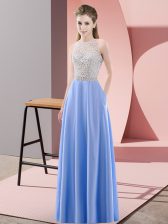 Sophisticated Blue Empire Scoop Sleeveless Satin Floor Length Backless Beading Homecoming Dress