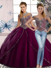 Delicate Brush Train Ball Gowns Quinceanera Gown Purple Sweetheart Tulle Cap Sleeves Lace Up
