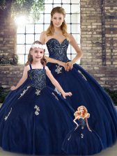 Glamorous Navy Blue Sleeveless Tulle Lace Up 15th Birthday Dress for Military Ball and Sweet 16 and Quinceanera