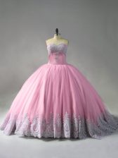  Sweetheart Sleeveless Vestidos de Quinceanera Court Train Beading and Appliques Pink Tulle