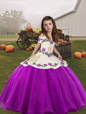 Custom Fit Purple Lace Up Little Girl Pageant Gowns Embroidery Sleeveless Floor Length