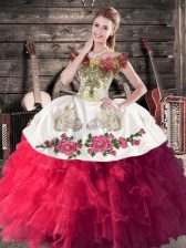  Hot Pink Ball Gowns Organza Off The Shoulder Sleeveless Embroidery and Ruffles Floor Length Lace Up Quinceanera Gown